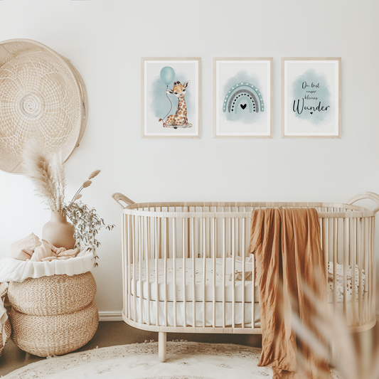 Kinderzimmer Poster | 3er Set A4 | Giraffe & Luftballon mint
