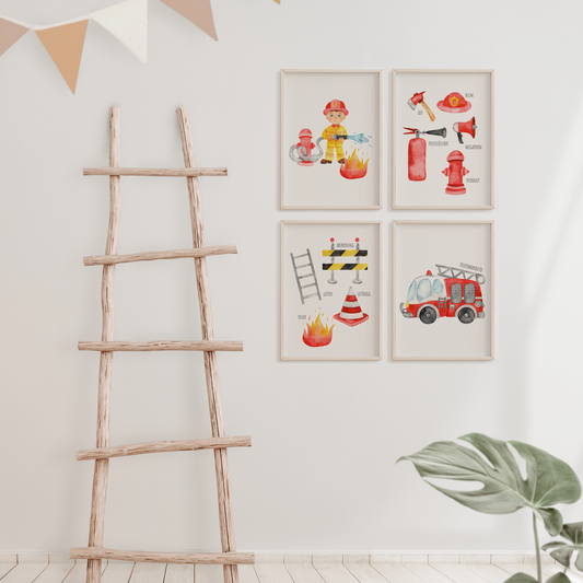 Kinderzimmerposter | 4er Set A4 | Feuerwehr