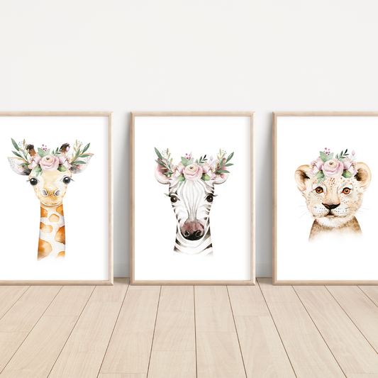 Kinderzimmerposter | 3er Set A4 | Tiere Kopfschmuck