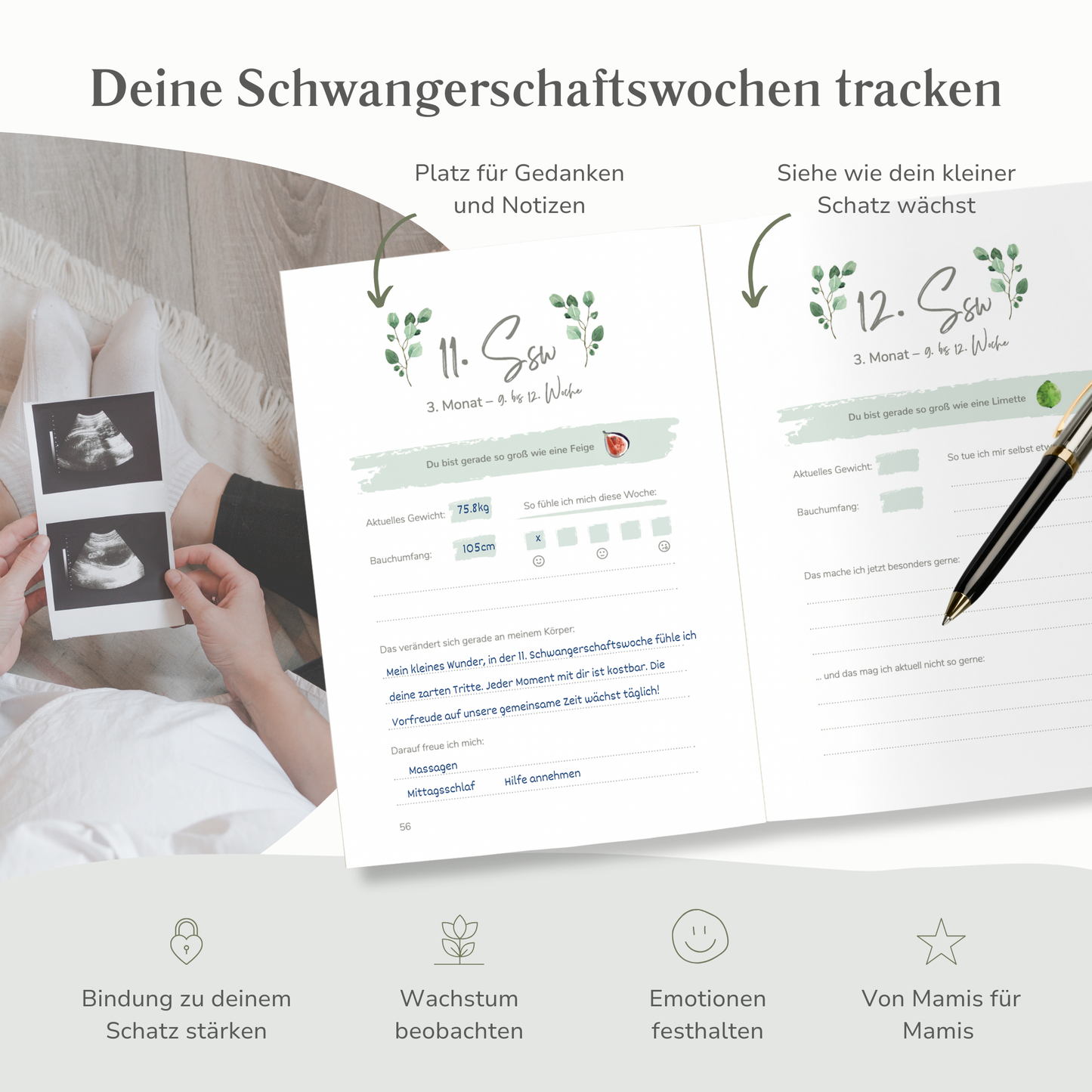 Schwangerschaftstagebuch hochwertig vergoldet | mint Eukalyptus