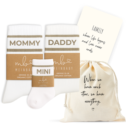 3er Set | Stylische Retro-Socken Mommy Daddy Mini | Beige