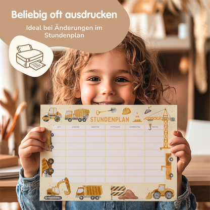 Stundenplan für Kinder | zum Ausdrucken | Bagger