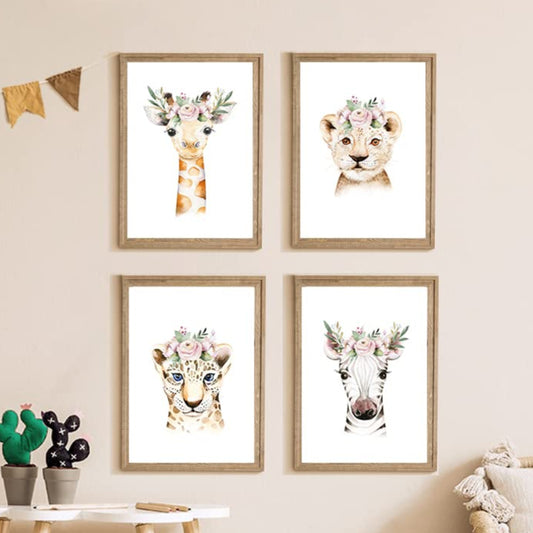Kinderzimmerposter_Safari_Tiere_Kopfschmuck_A4_4er_Set