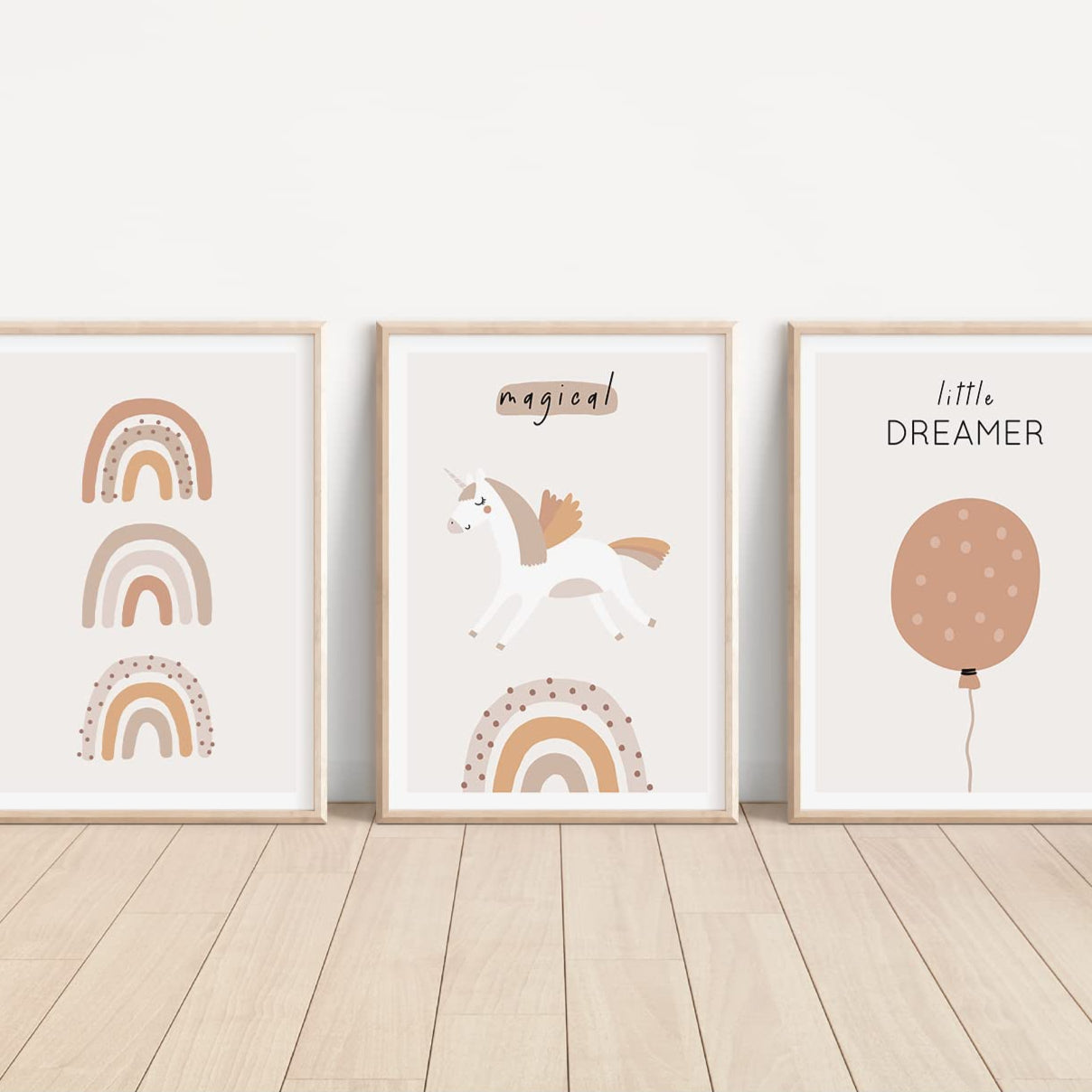 Kinderzimmerposter_Einhörner_beige_A4_3er_Set