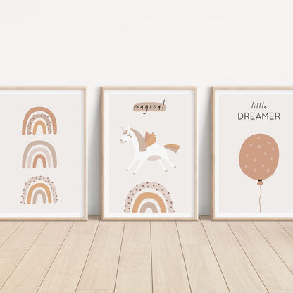 Kinderzimmerposter_Einhörner_beige_A4_3er_Set