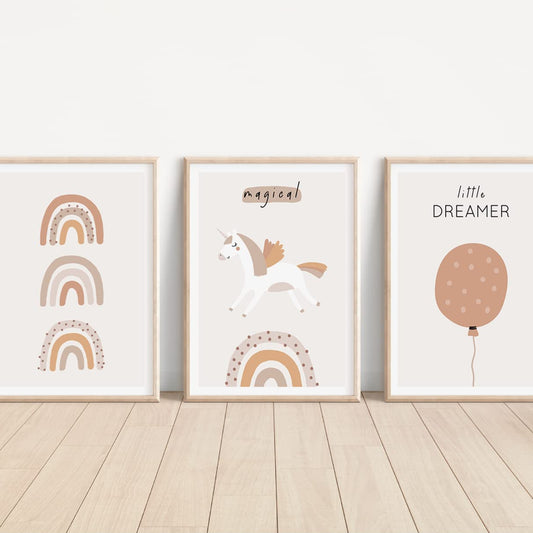 Kinderzimmerposter_Einhörner_beige_A4_3er_Set