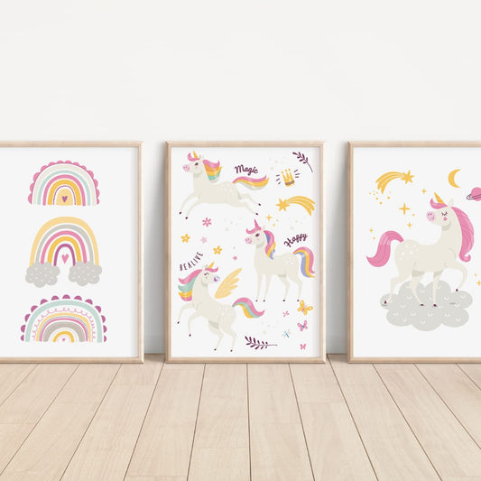 Kinderzimmerposter_Einhörner_pink_A4_3er_Set