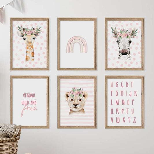 Kinderzimmerposter_Safari_Tiere_Kopfschmuck_A4_6er_Set_rosa