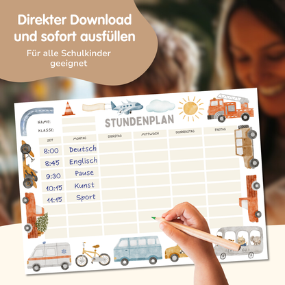 Stundenplan für Kinder | zum Ausdrucken | Autos