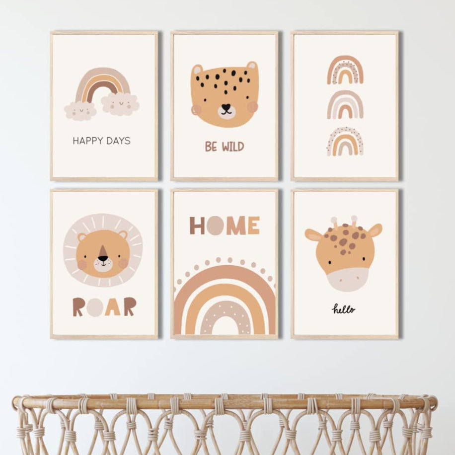 Kinderzimmerposter_Süße_freunde_boho_beige_A4_6er_Set