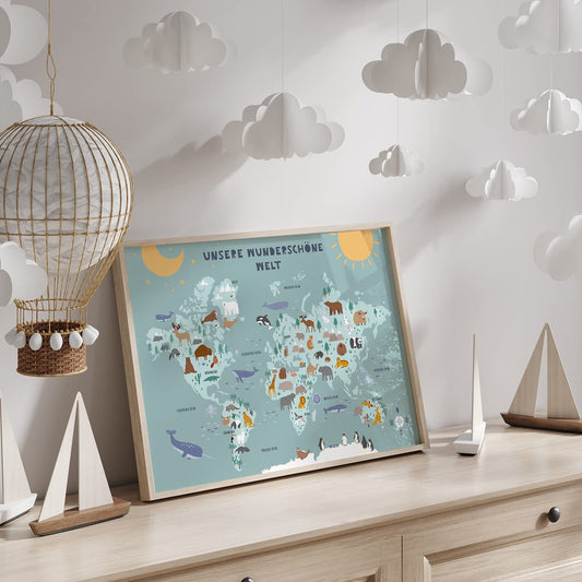 Kinderzimmerposter_Lernposter_Weltkarte_A2_blau_türkis