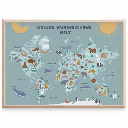 Kinderzimmerposter_Lernposter_Weltkarte_A2_blau_türkis