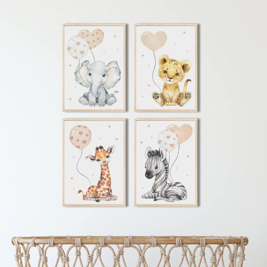 Kinderzimmerposter_Safari_Tiere_Luftballons_A4_4er_Set_beige