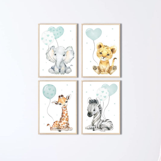 Kinderzimmerposter_Safari_Tiere_Luftballons_A4_4er_Set_mint