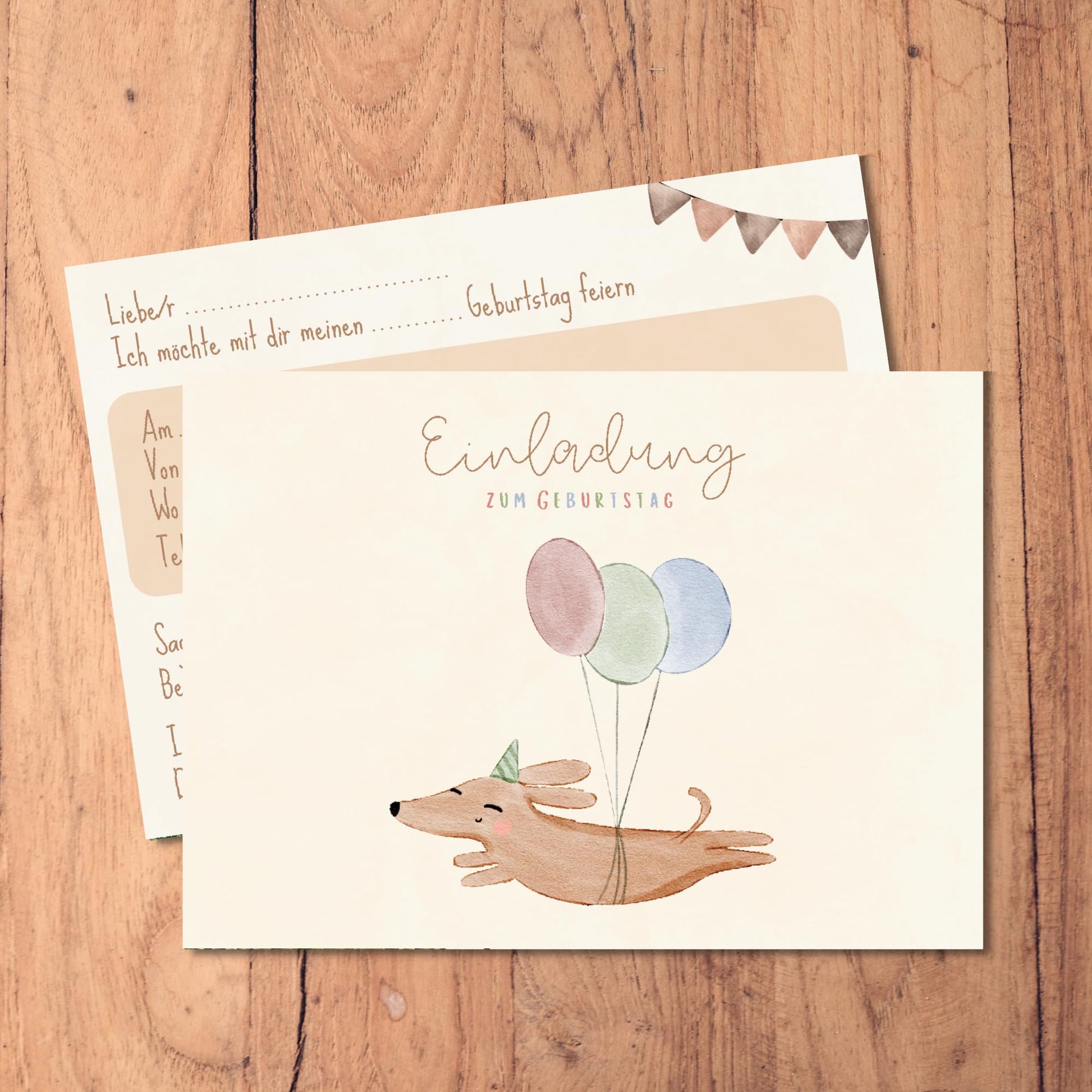 Einladungskarten_Kindergeburtstag_Hund_mit_Luftballon_Boho
