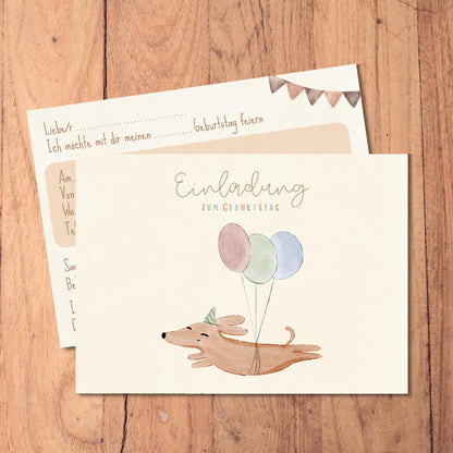 Einladungskarten_Kindergeburtstag_Hund_mit_Luftballon_Boho
