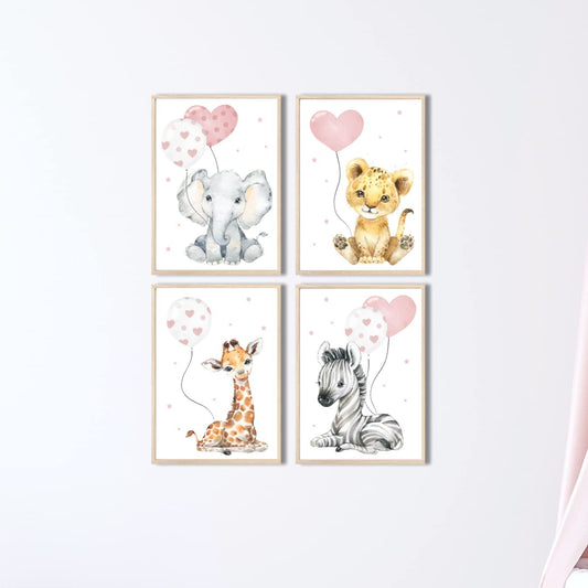 Kinderzimmerposter_Safari_Tiere_Luftballons_A4_4er_Set_rosa