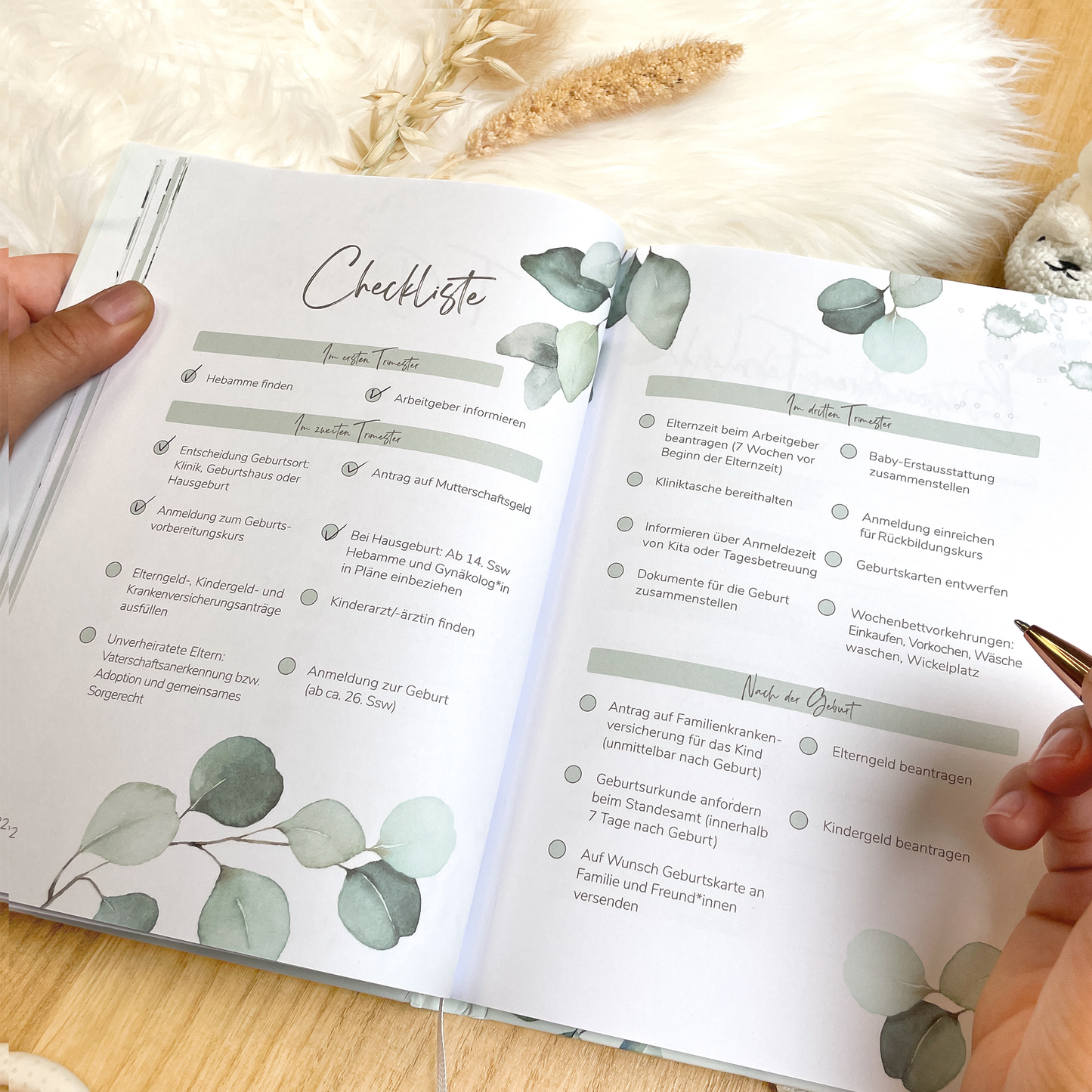 Schwangerschaftstagebuch hochwertig vergoldet | mint Eukalyptus