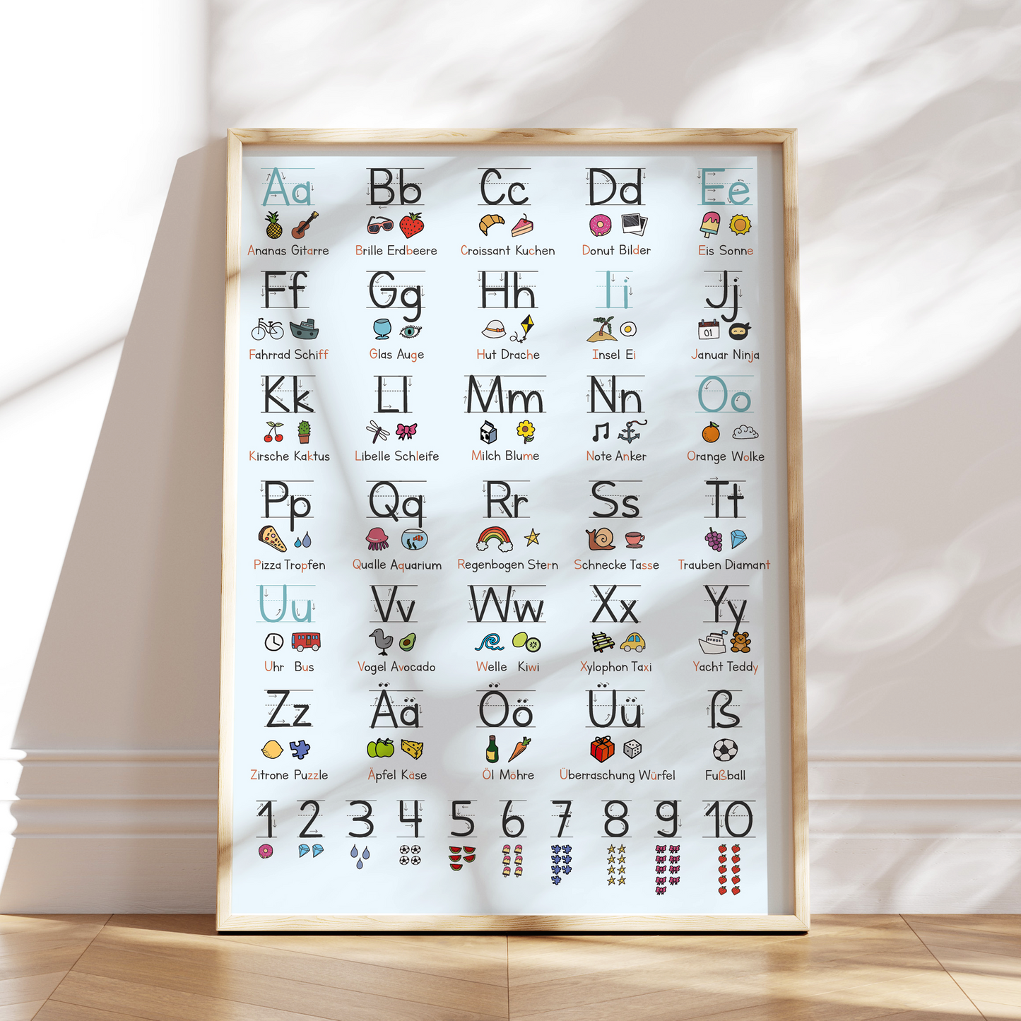 Lernposter fuer Kinder mit Alphabet von A bis Z und Umlauten - kindliche Illustrationen zu jedem Buchstaben, z. B. Apfel, Fahrrad, Drache und Regenbogen. Perfekt fuer Vorschule und Kinderzimmer.