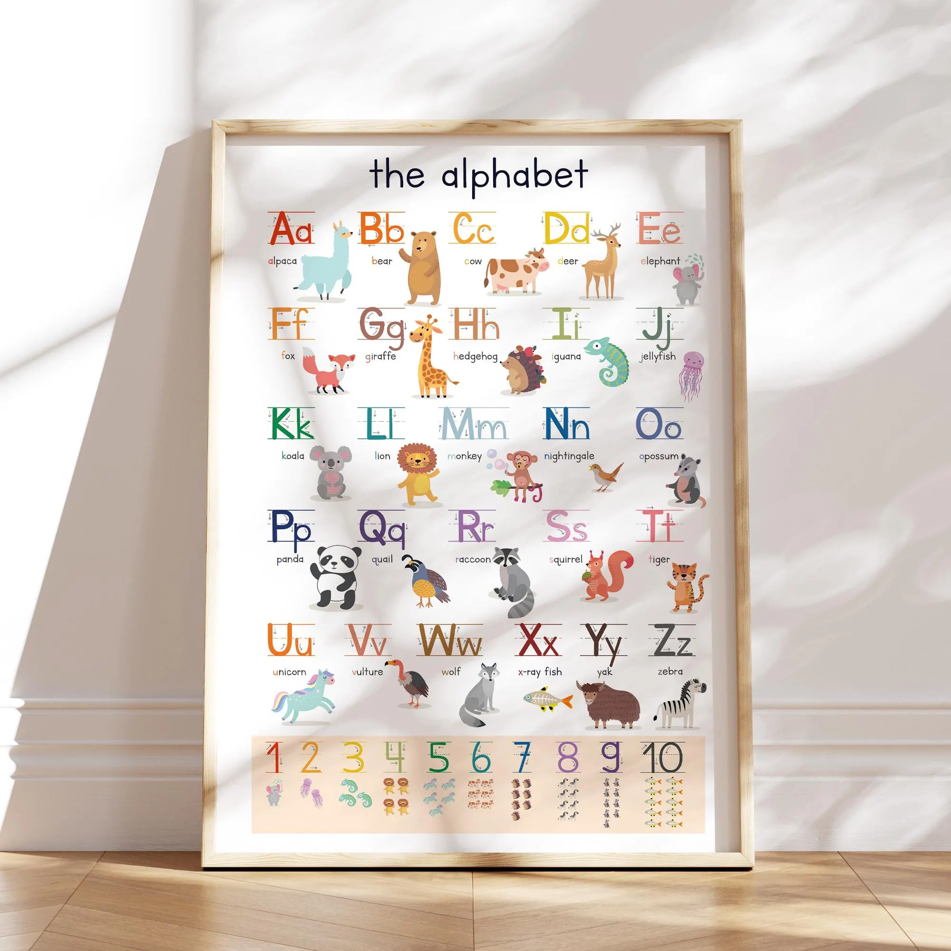 Englisches Alphabet Lernposter fuer Kinder mit Tieren von A bis Z und Zahlen von 1 bis 10 - z. B. Alpaka, Baer, Giraffe, Zebra und Einhorn. Perfekt fuer Kindergarten und Kinderzimmer.