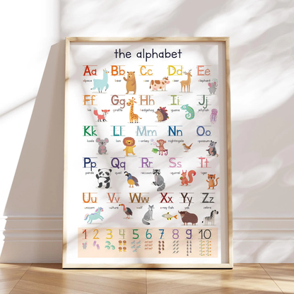 Englisches Alphabet Lernposter fuer Kinder mit Tieren von A bis Z und Zahlen von 1 bis 10 - z. B. Alpaka, Baer, Giraffe, Zebra und Einhorn. Perfekt fuer Kindergarten und Kinderzimmer.