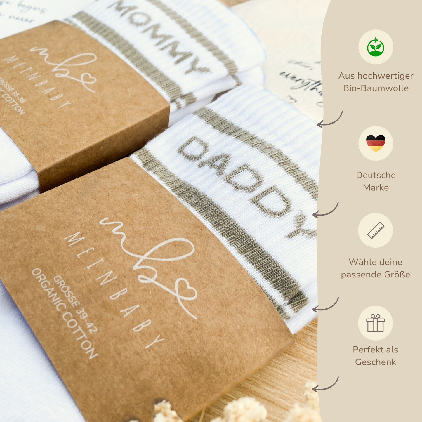 Geschenk zur Schwangerschaft – Set mit SSW-Tagebuch, Babyalbum & Familien Socken