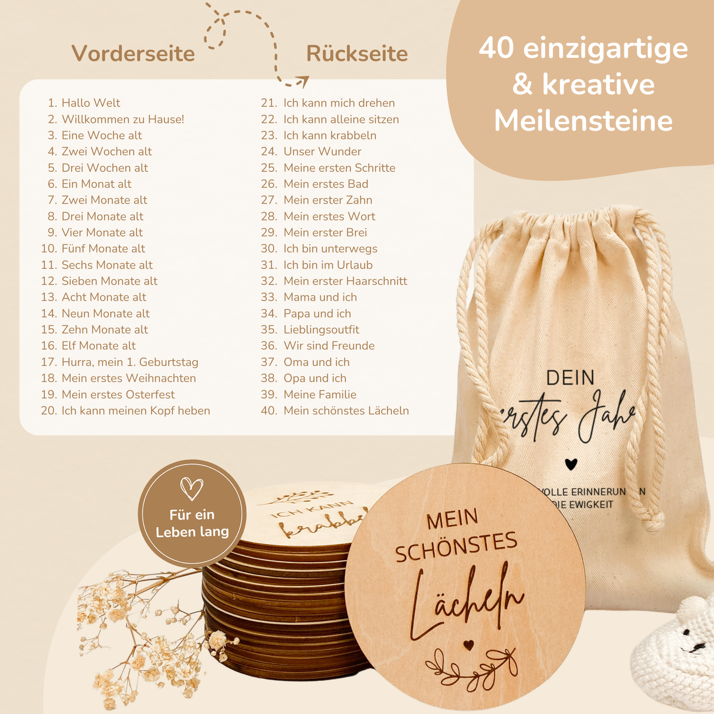 40 Baby Meilensteine aus nachhaltigem Holz inkl. Baumwollsäckchen
