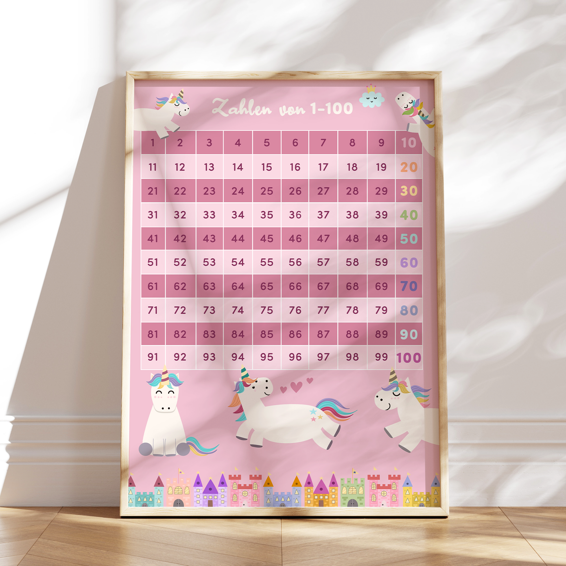 Rosa Zahlenposter mit Einhoernern und bunten Haeusern - Lernposter fuer Kinder zum Zaehlenlernen von 1 bis 100. Perfekt fuer Vorschule und Kinderzimmer.