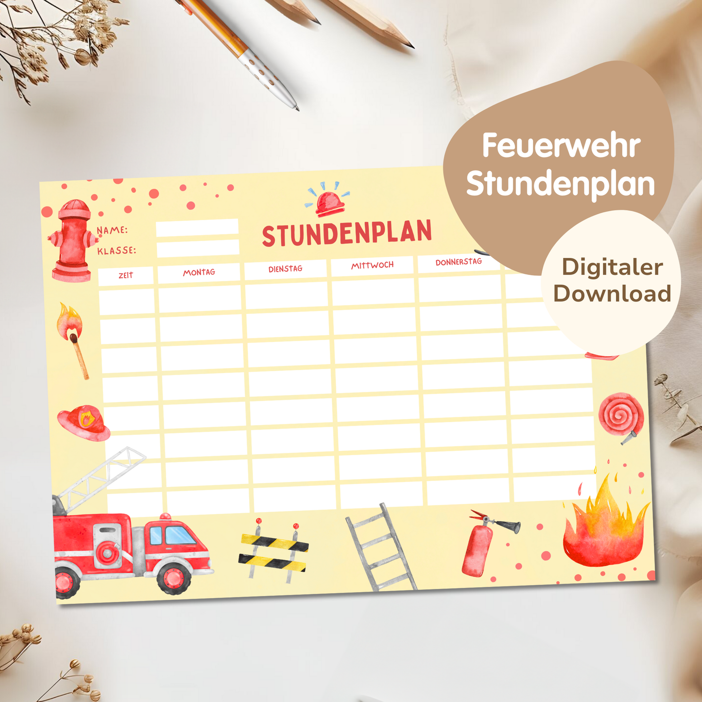 Stundenplan für Kinder | zum Ausdrucken | Feuerwehr2