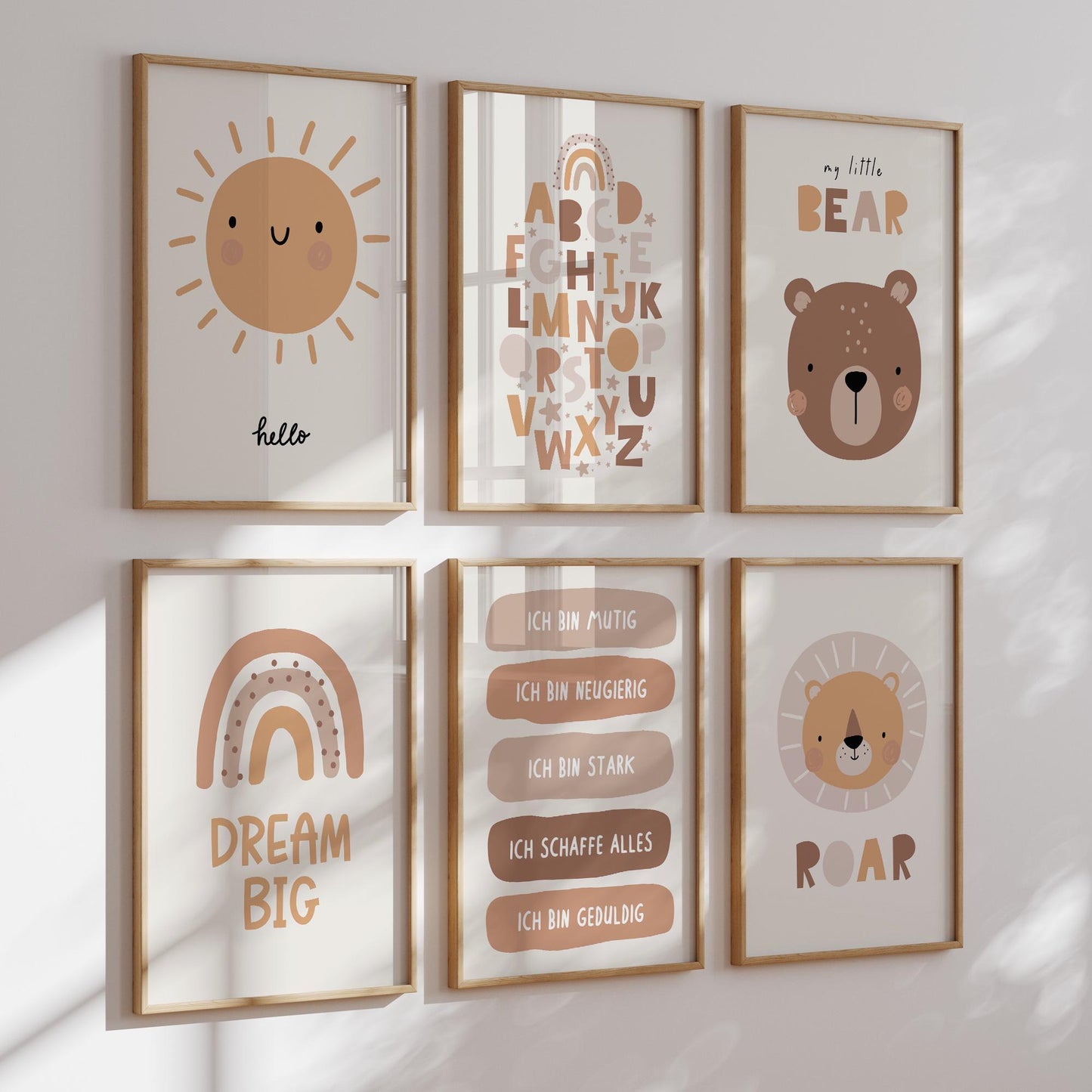 kinderzimmerposter-boho-loewe-baer-beige-6er-set