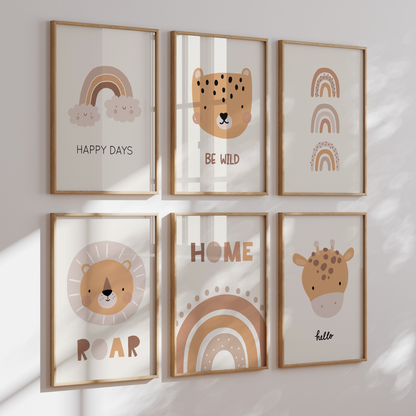 kinderzimmerposter-boho-loewe-safari-6er-set