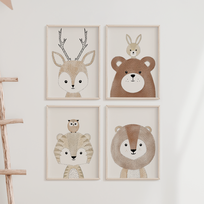 kinderzimmerposter-vier-freunde-waldtiere-boho-4er-set
